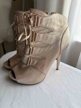 Light Gold Pink Metallic Open Toe Bootie Marciano Leather Lace Up